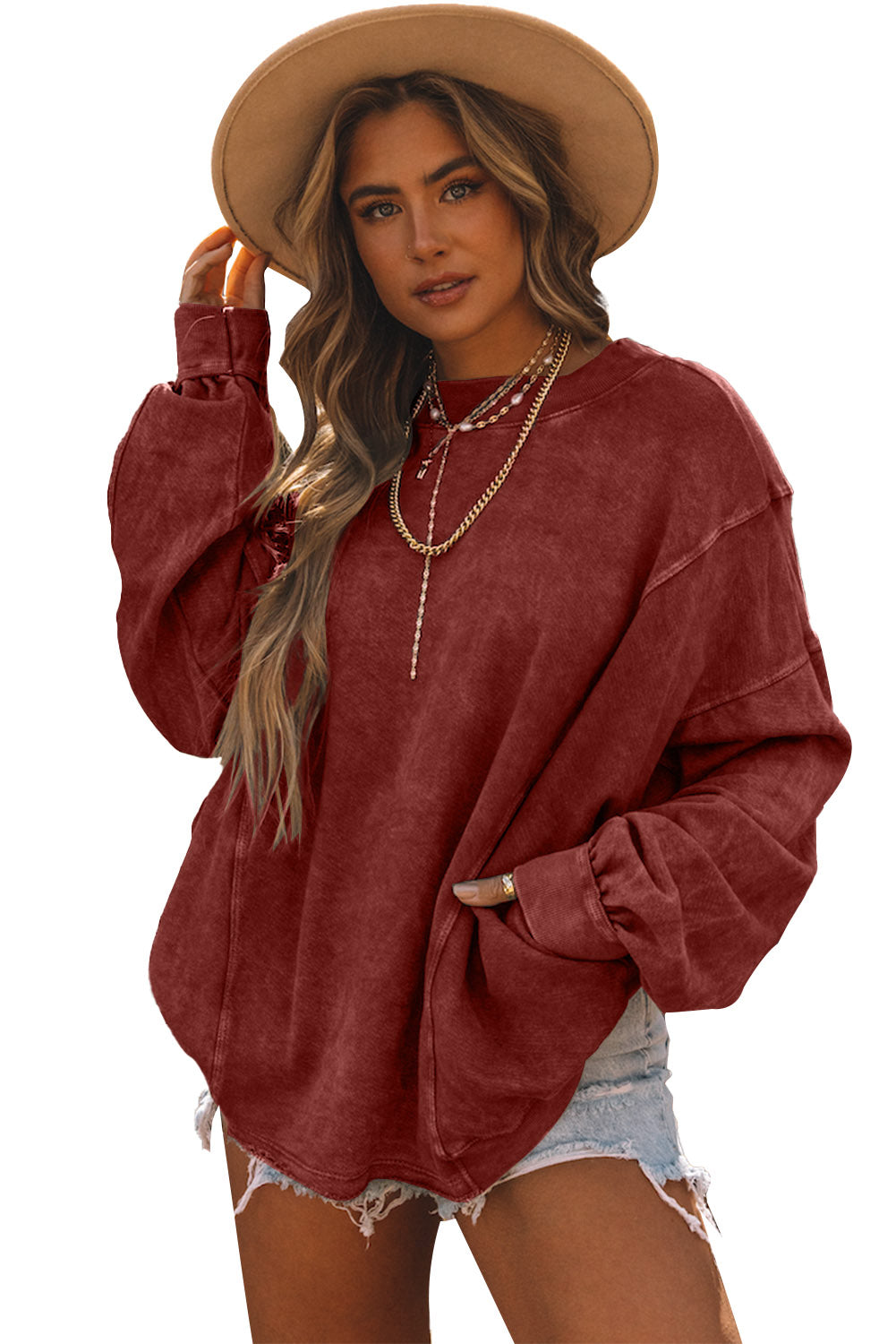 Fiery Red Exposed Seam Twist Open Back Oversized Sweatshirt