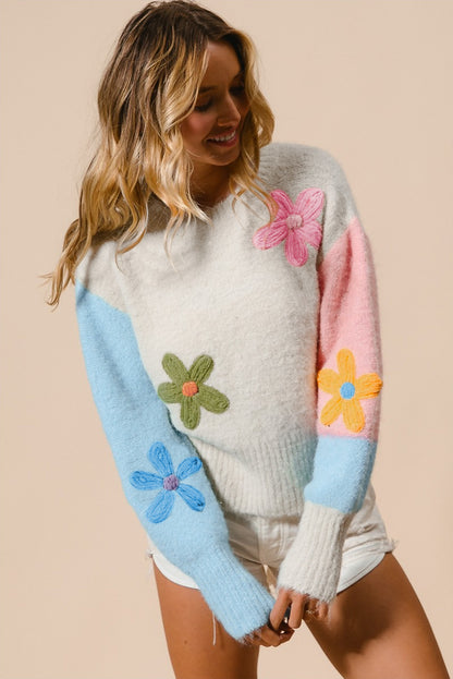 Multicolour Floral Embroidered Colorblock Fuzzy Drop Shoulder Sweater