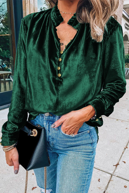 Blackish Green Frilled Neck Buttoned Front Velvet Top