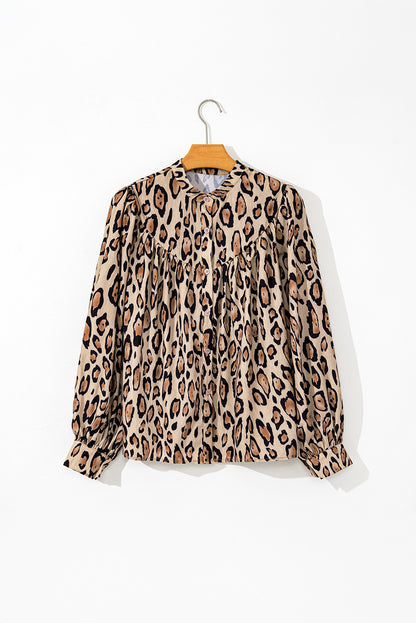 Light French Beige Oversized Leopard Print Balloon Sleeve Casual Shirt