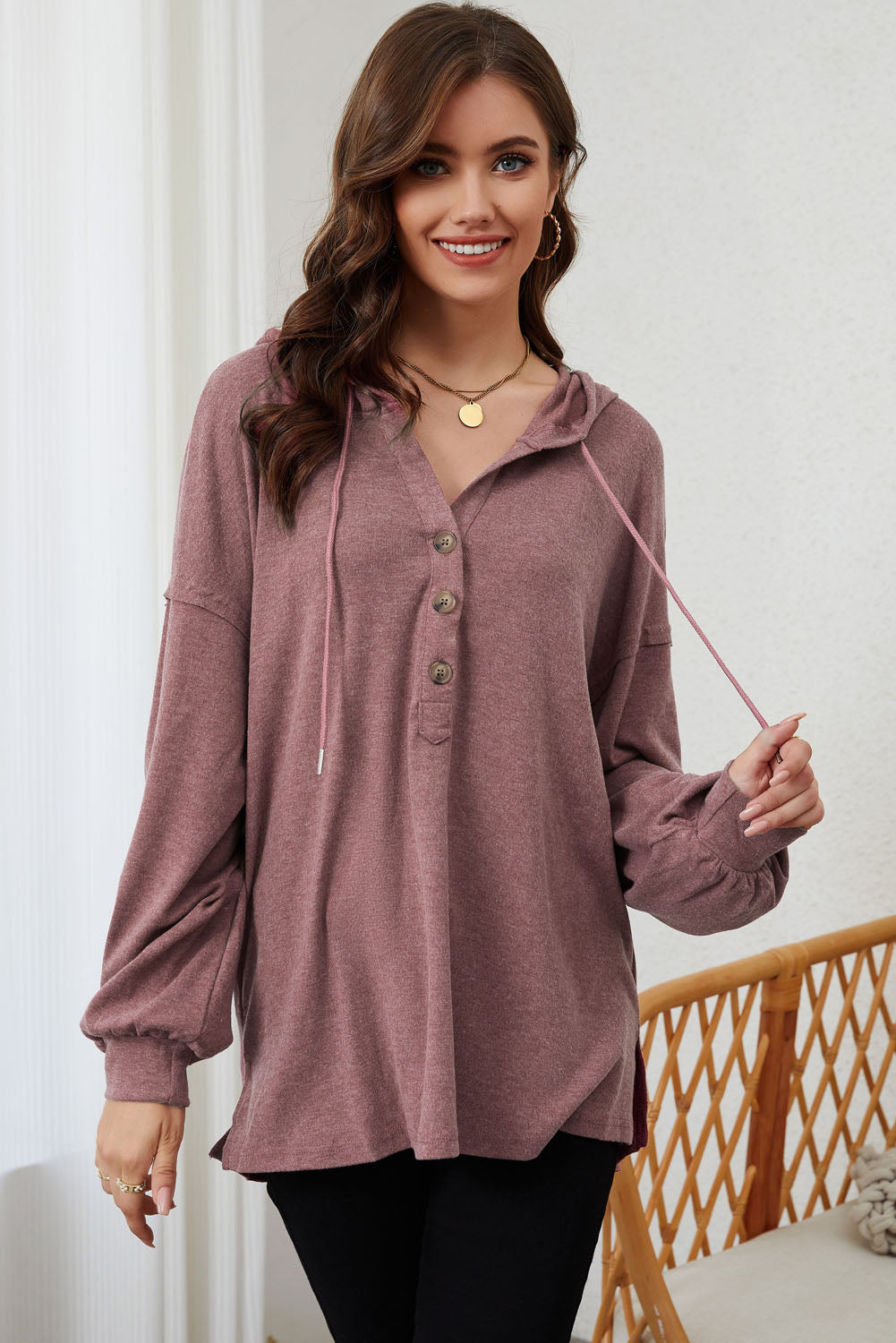 Buttoned High and Low Hem Hoodie