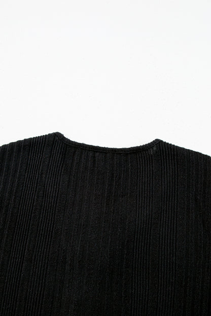 Black V Neck Buttoned Ribbed Knit Top