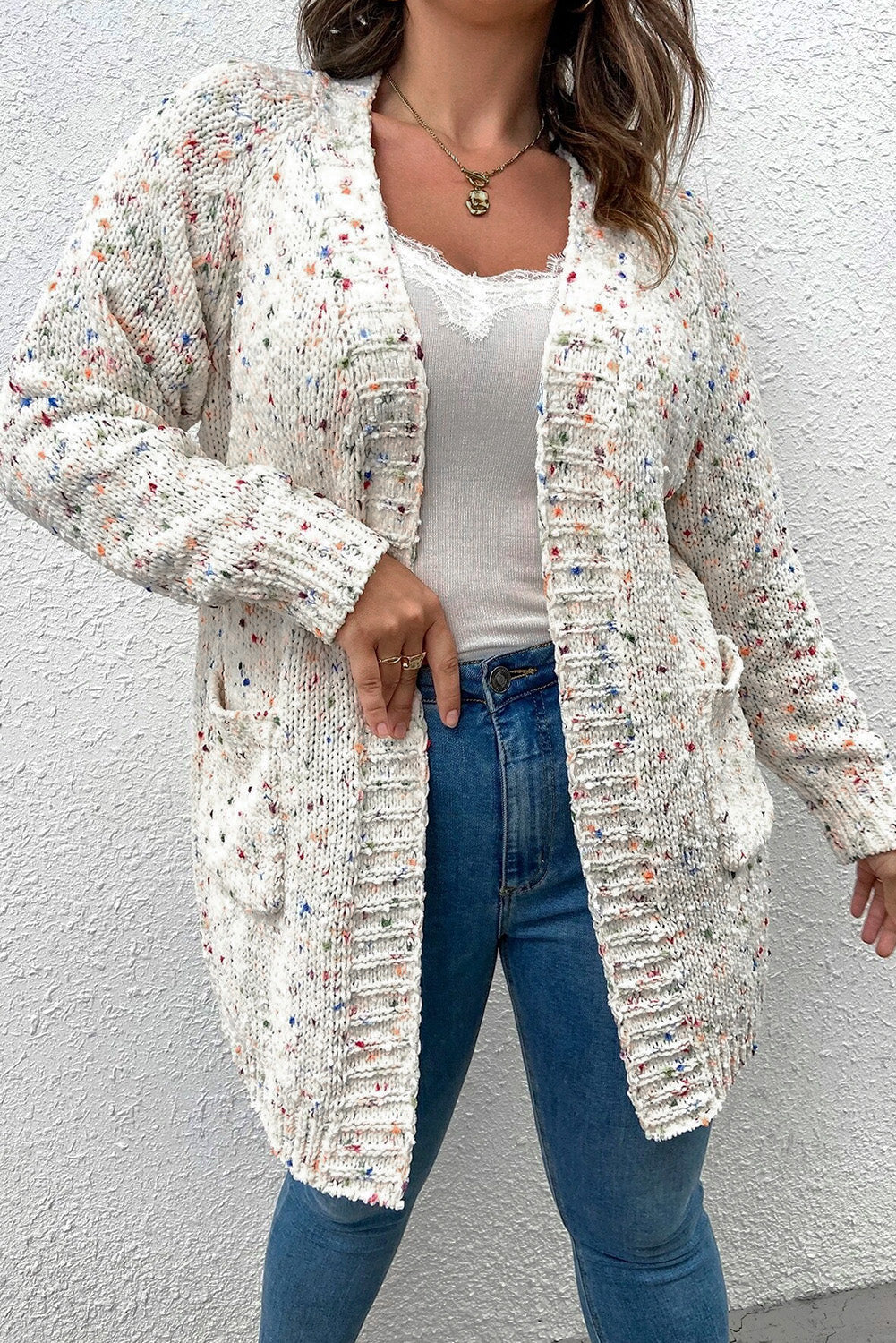 White Rainbow Popcorn Confetti Open Front Cardigan