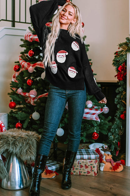 Black Sequined Santa Clause Bishop Sleeve Sweater