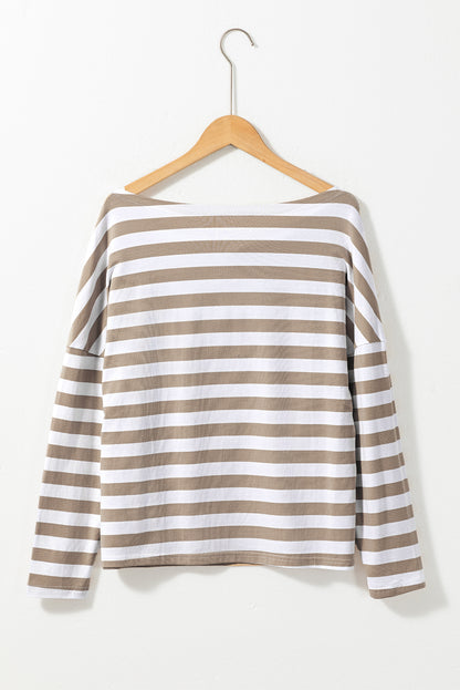 Khaki Striped Boat Neck Long Sleeve Top