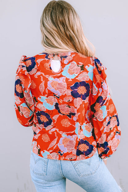 Fiery Red Floral Print Ruffle Puff Sleeve Blouse