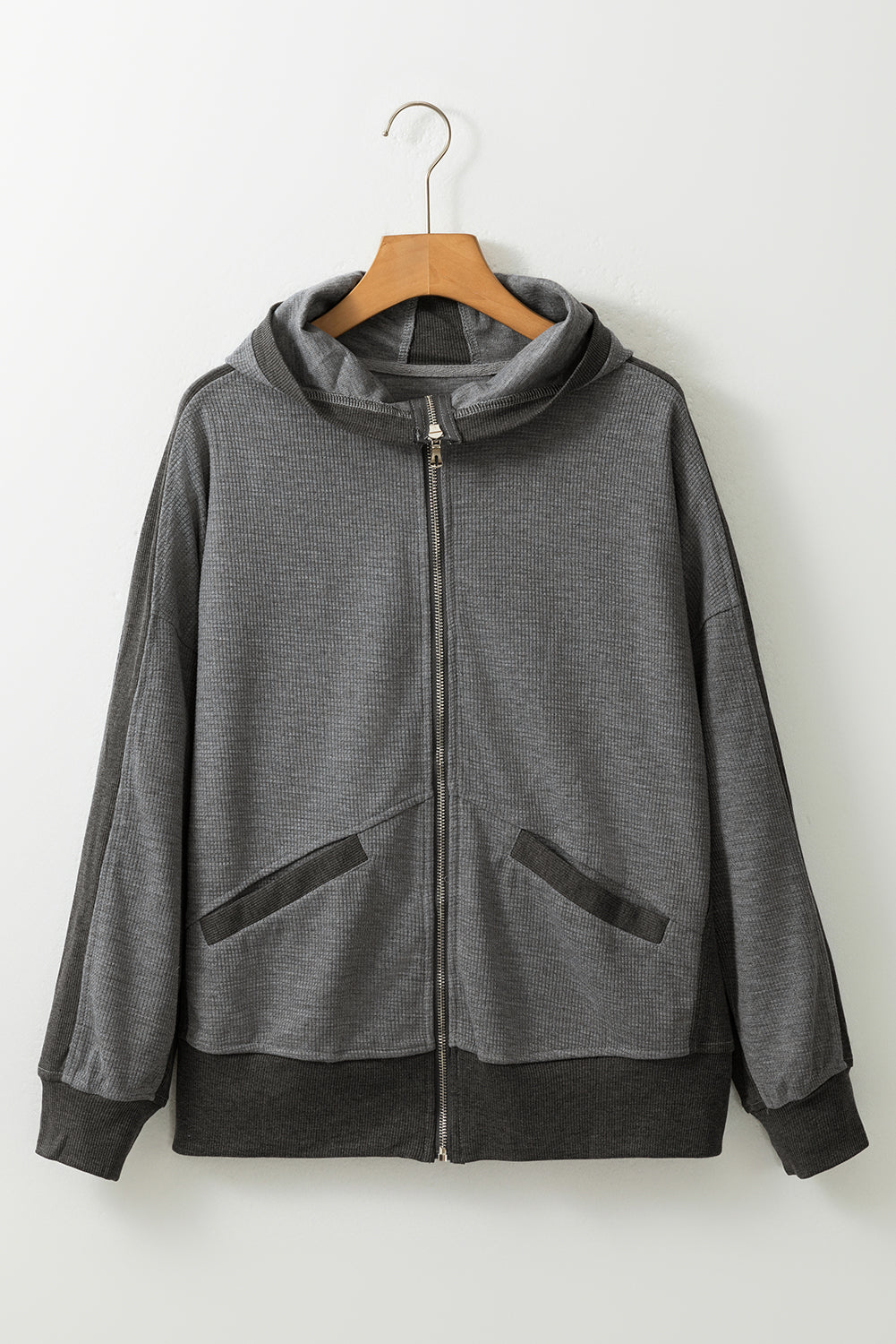 Gray Thermal Waffle Knit Full Zipper Hooded Jacket