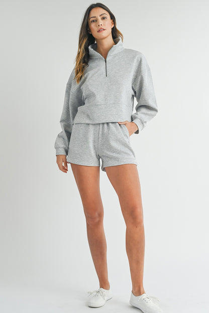 Light Grey Stand Neck Zipped Sweatshirt and Shorts Set