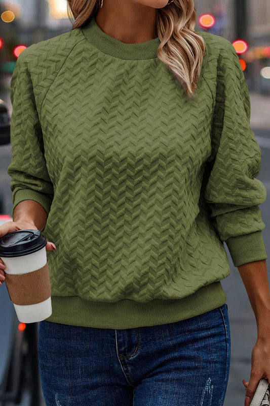 Jungle Green Solid Textured Raglan Sleeve Pullover Sweatshirt