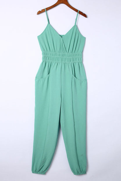 Green Shirred High Waist Sleeveless V Neck Jumpsuit