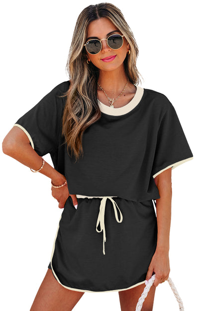 Black Colorblock Edge Drop Shoulder T Shirt and Skort 2Pcs Set