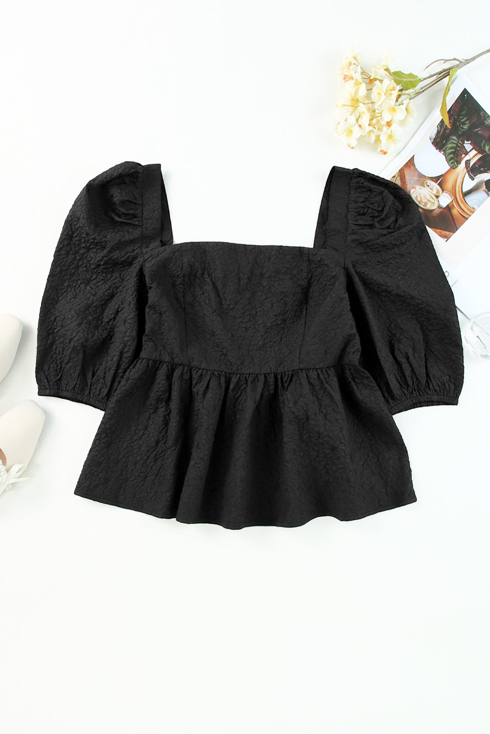 Black Textured Square Neck Puff Sleeve Peplum Blouse