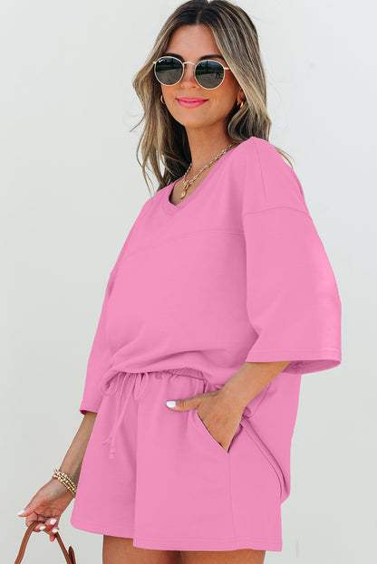 Bonbon Solid Loose V Neck Half Sleeve Tee and Shorts