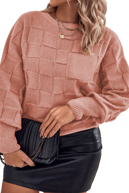 Rose Tan Solid Checkered Textured Knit Plus Size Sweater