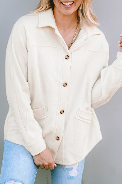 Beige Button-Up Stitching Pocket Raw Hem Shacket