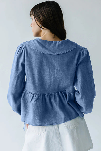 Dusk Blue Denim Lapel Neck Balloon Sleeve Tied Peplum Top
