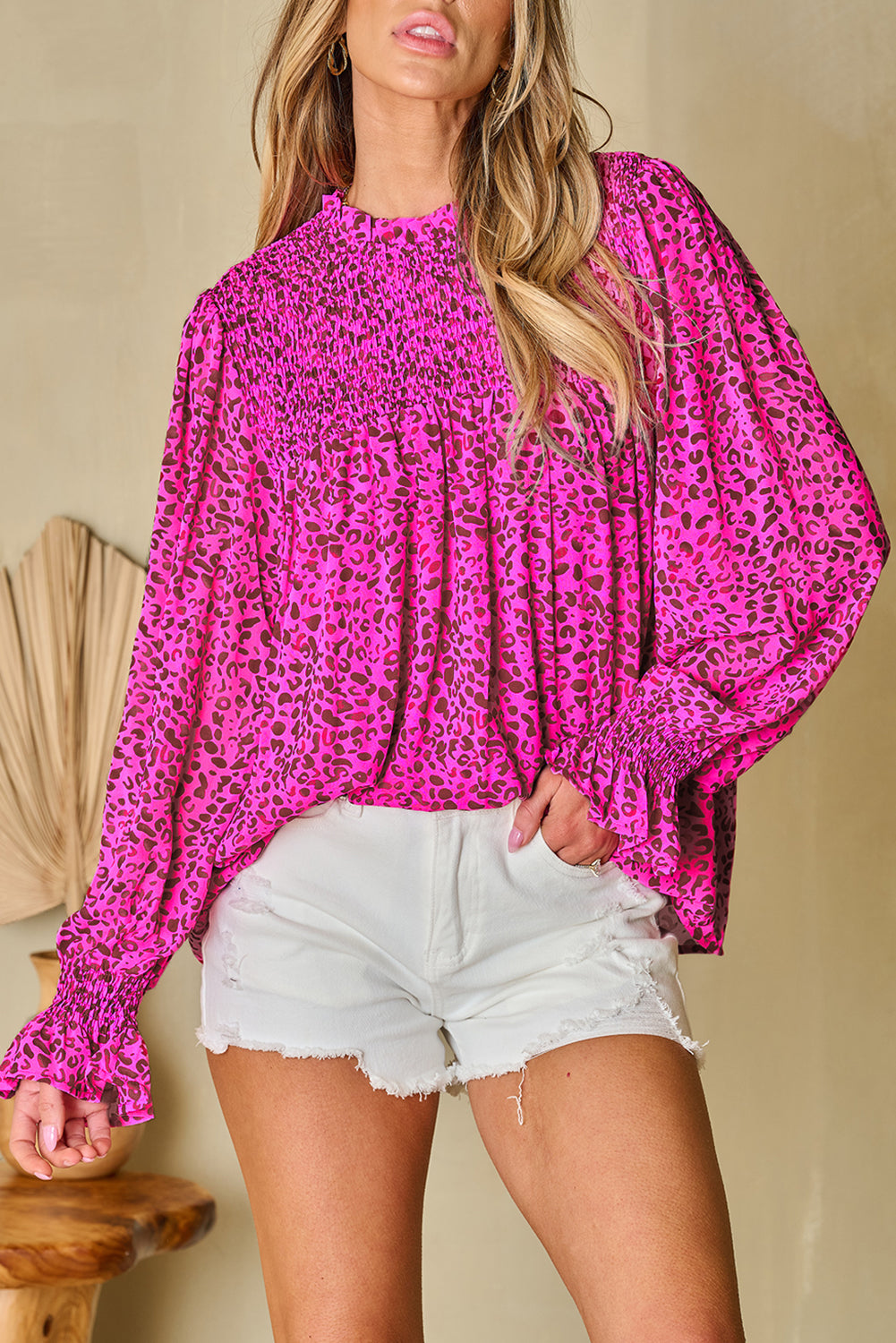 Rose Leopard Shirred Puff Sleeve Flowy Blouse