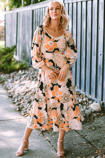 Tie Waist Puff Sleeve Bold Floral Maxi Dress