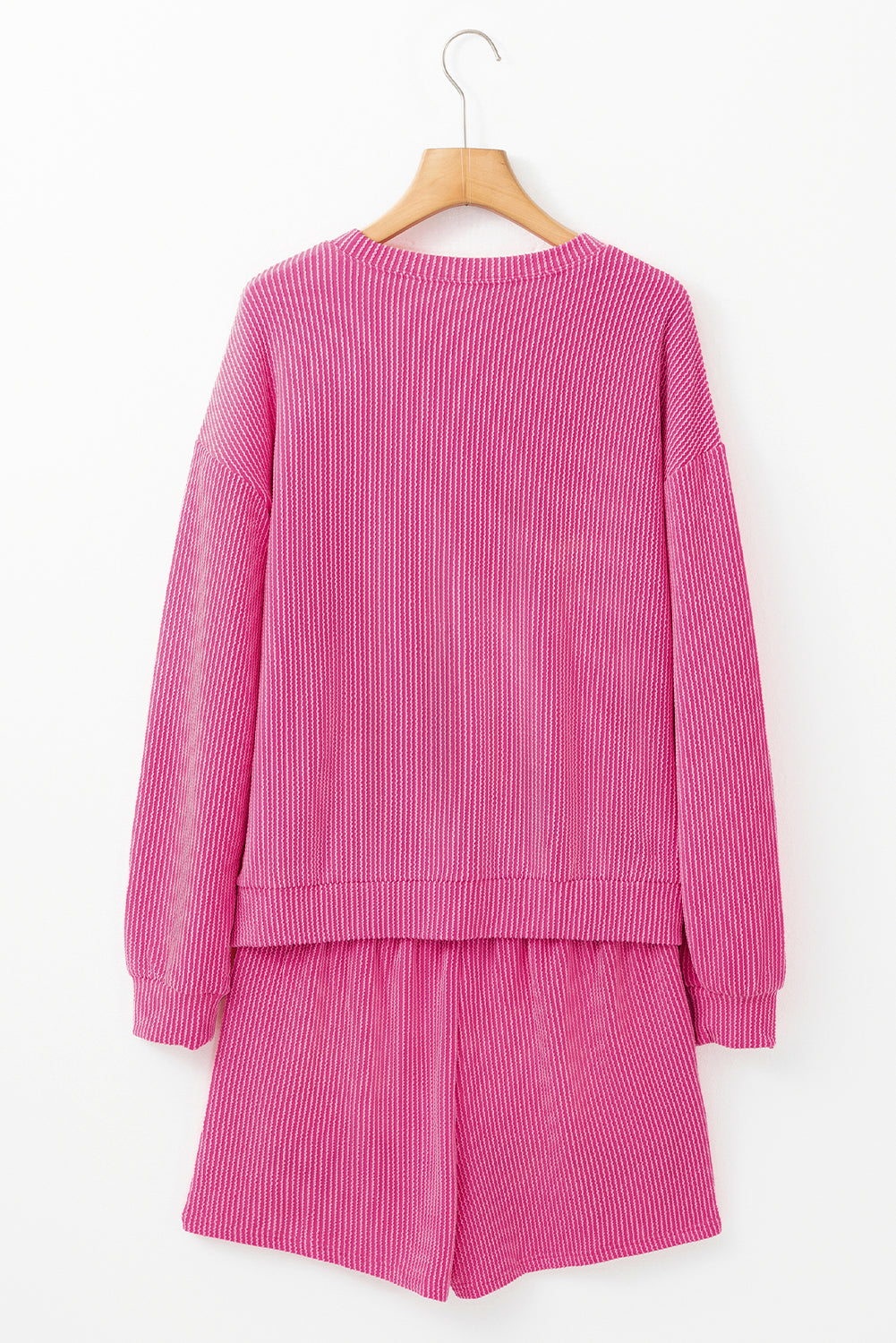 Strawberry Pink Corded Textured Long Sleeve Top and Shorts Set