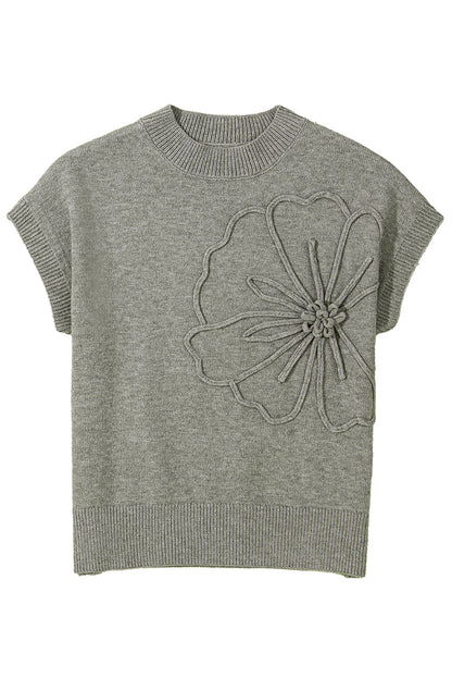 High Flower Pattern Ribbed Trim Short Sleeve Boxy Sweater