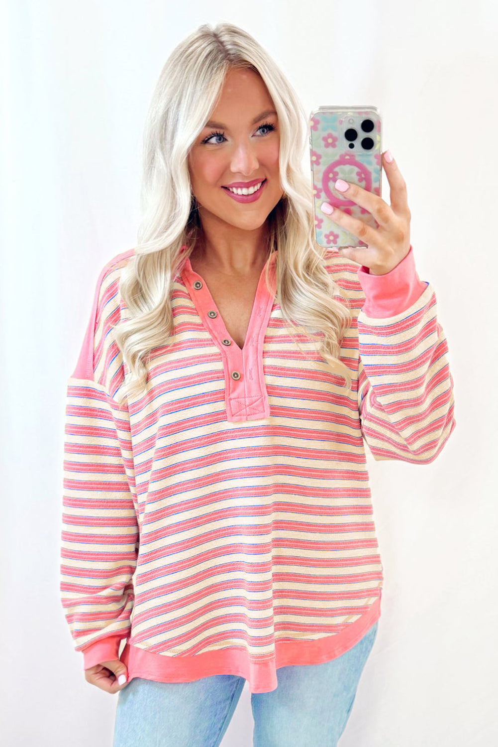 Pink Stripe Buttoned V Neck Collared Drop Shoulder Top