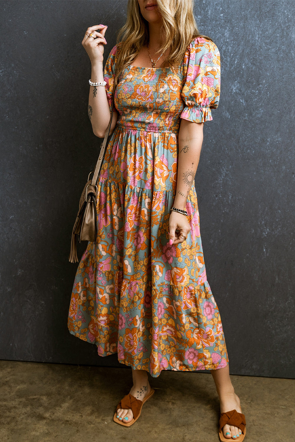 Yellow Smocked Bodice High Waist Puff Sleeve Floral Dress