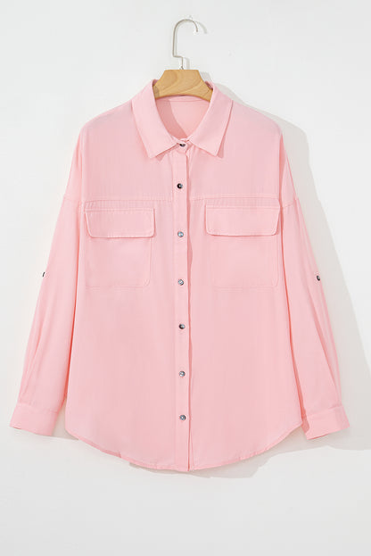 Pink Flap Pocket Tab Sleeve Button-Down Plus Size Shirt