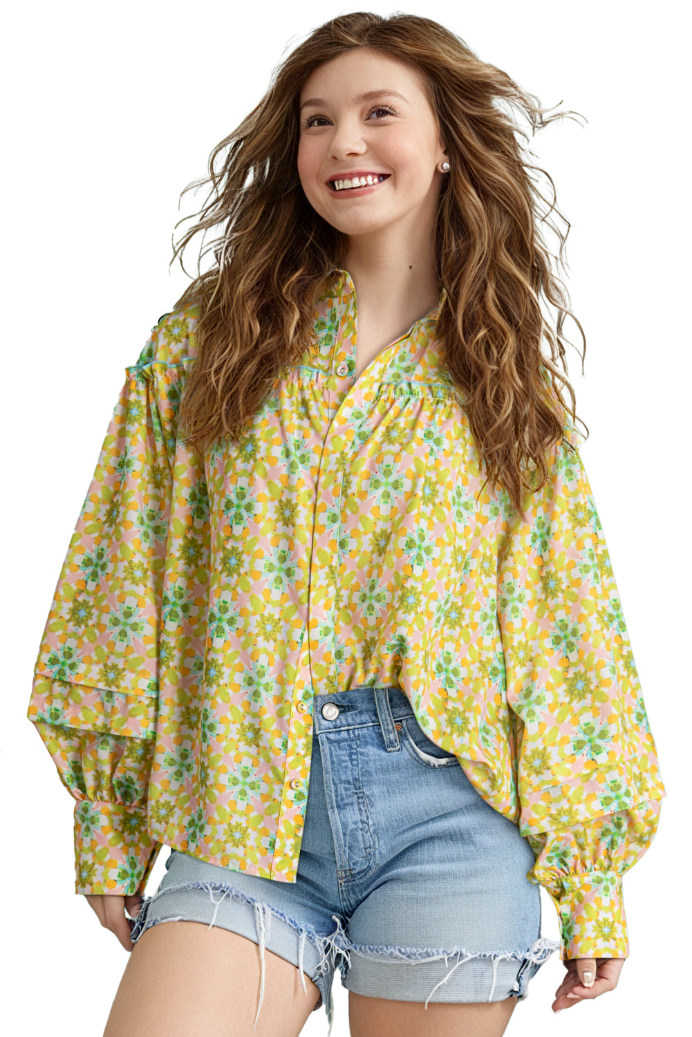 Green Boho Floral Print Frilly Detail Puff Sleeve Shirt