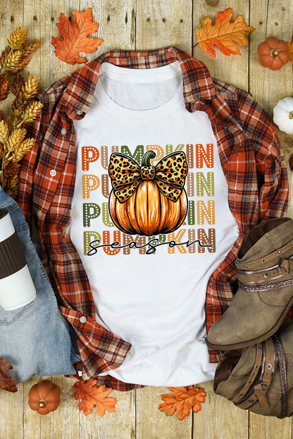 White PUMPKIN Season Leopard Bow Print Crew Neck T Shirt