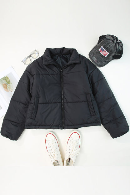 Black Zip Up Drawstring Hem Puffer Jackets