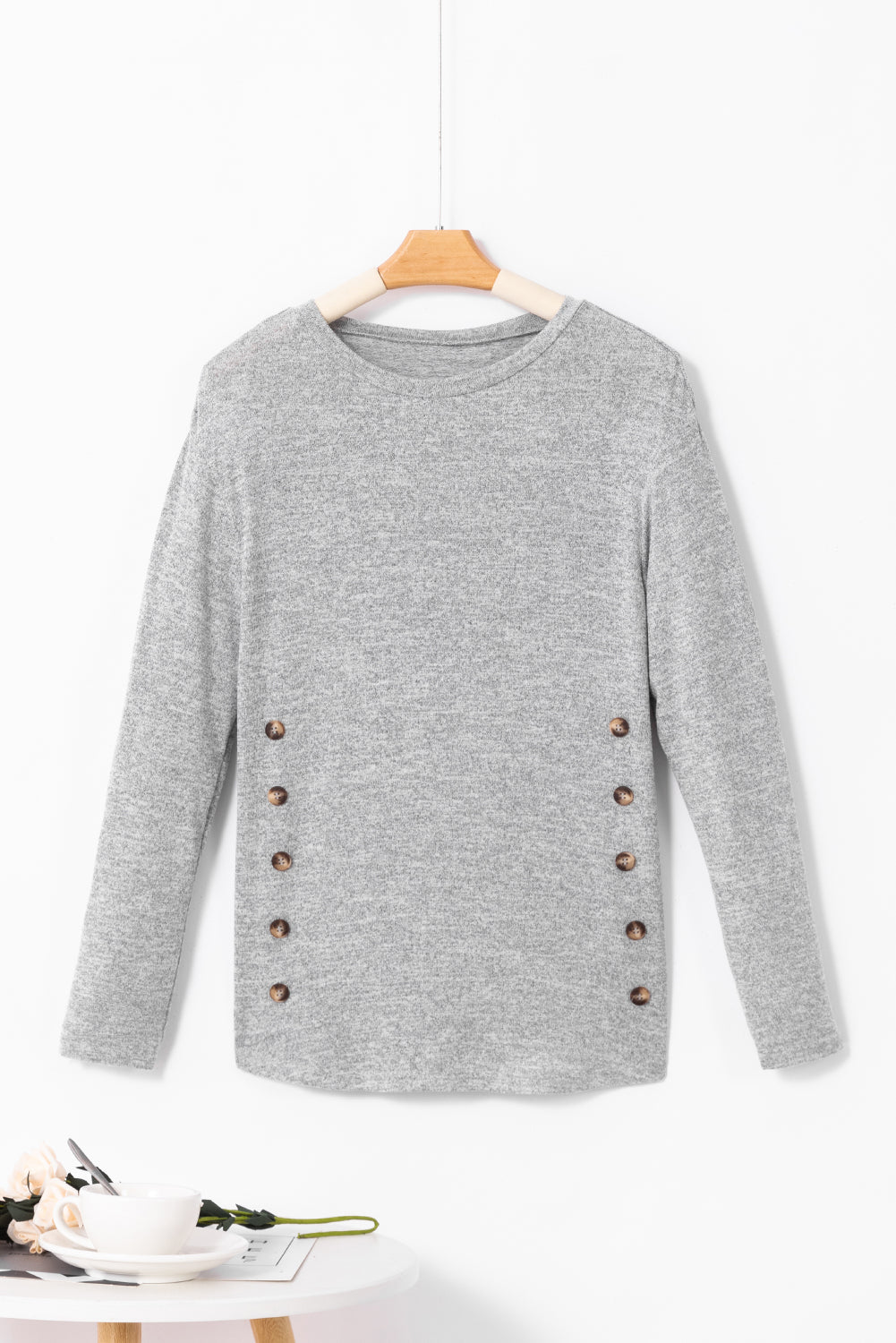 Gray Side Buttons Crew Neck Knit Top