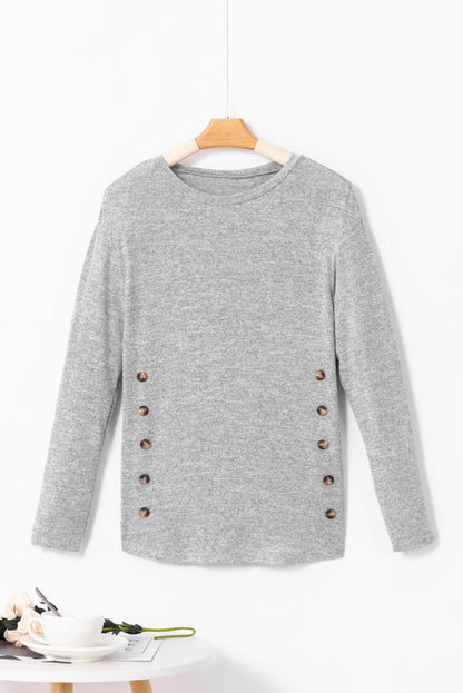 Gray Side Buttons Crew Neck Knit Top