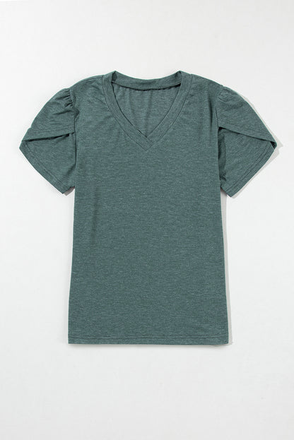 Mist Green Fashion Petal Sleeve V Neck T Shirt