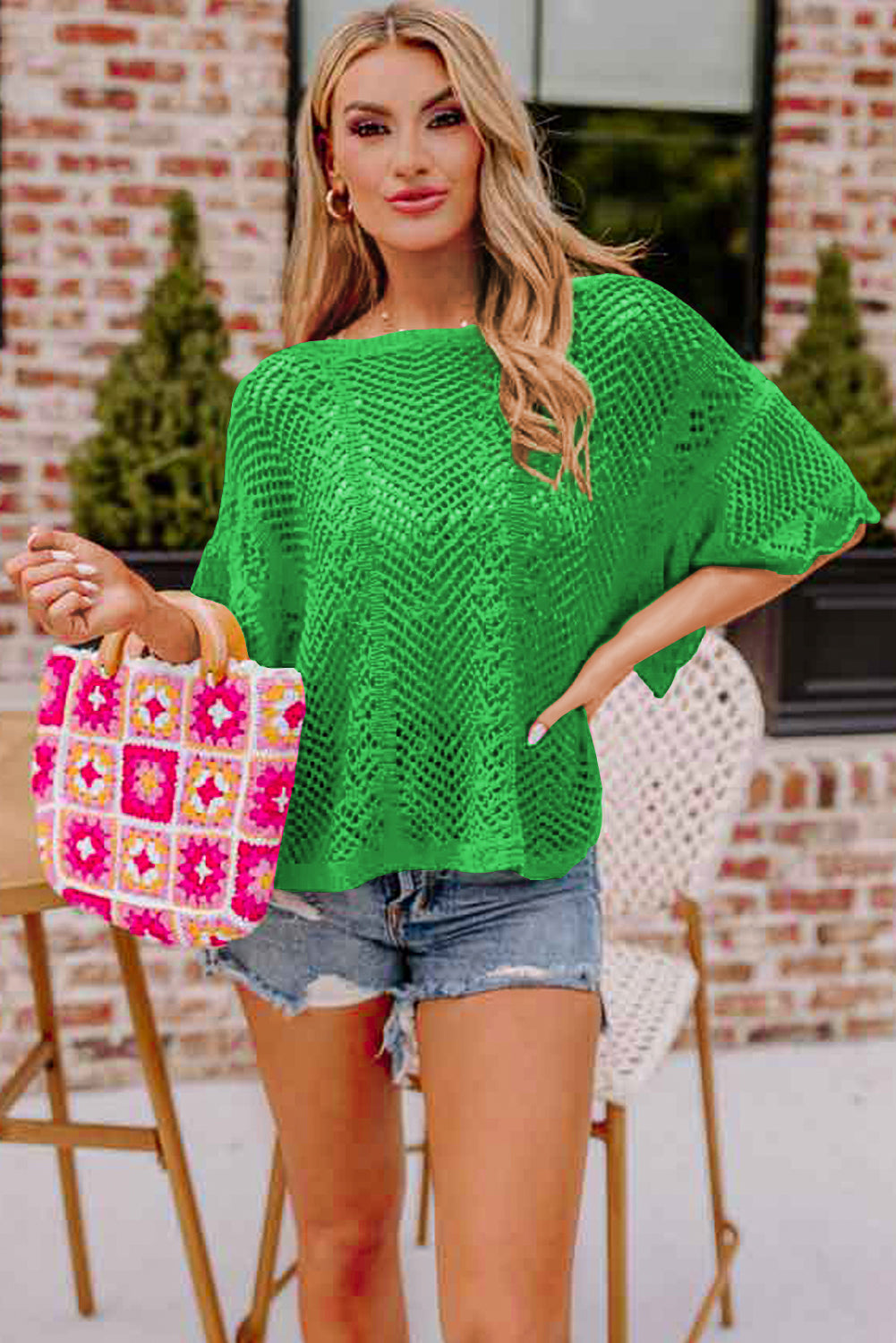 Green Pointelle Knit Scallop Edge Short Sleeve Top