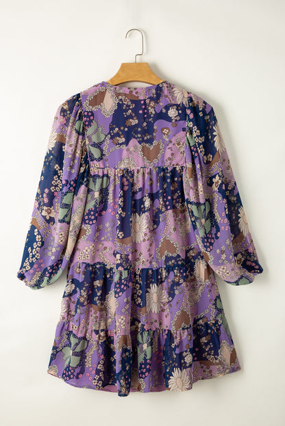 Purple Vintage Daisy Floral Puff Sleeve Ruffle Short Dress