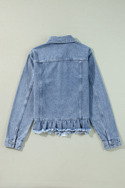 Beau Blue Ruffle Raw Hem Flap Pockets Denim Jacket