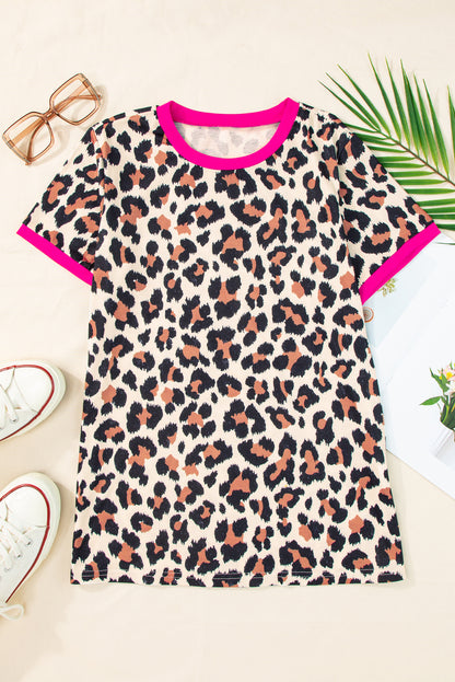 White Contrast Trim Leopard Print T Shirt