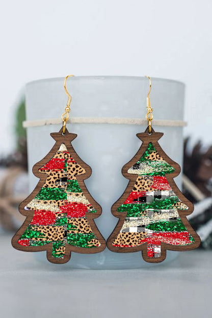 Red Shade Of Leopard Plaid Christmas Tree Earrings