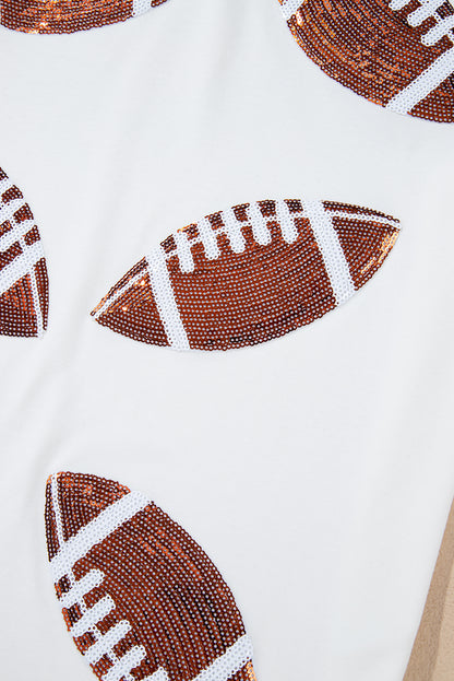 White Sequined Rugby Football Graphic Cotton T Shirt