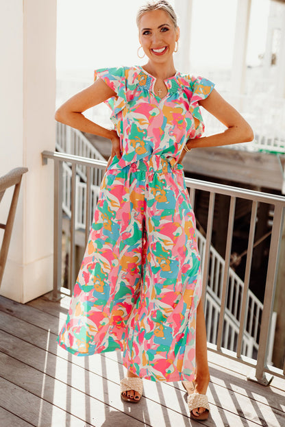 Floral Ruffled Sleeve Top Smocked Wide Leg Pants Set