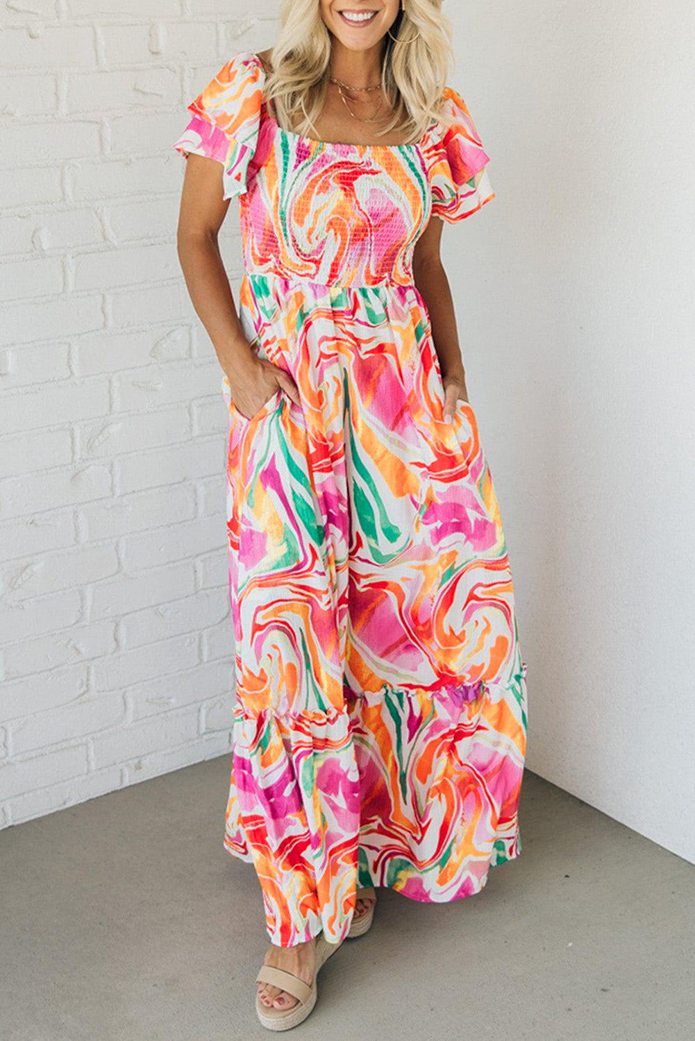 Pink Abstract Print Ruffled Sleeve Smocked Bust Maxi Dress