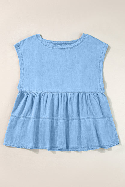 Beau Blue Trendy Stitching Detail Denim Peplum Top