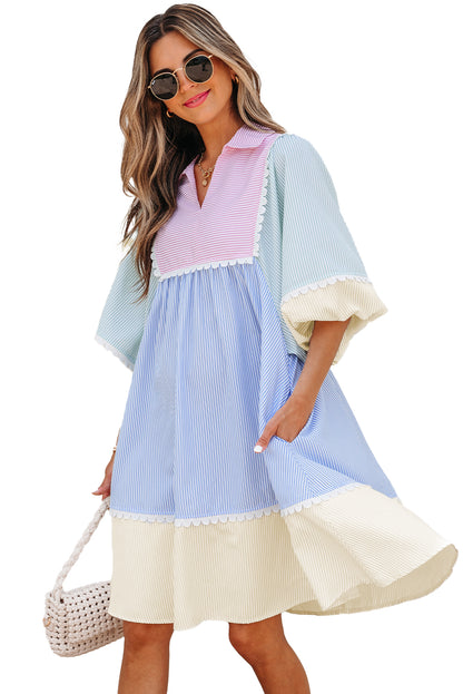 Multicolour Striped Patchwork Ric Rac Puff Sleeve Collared Mini Dress