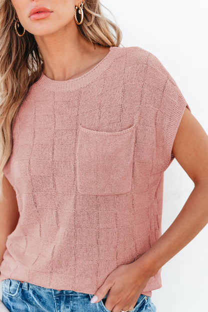 Dusty Pink Lattice Textured Knit Short Sleeve Sweater