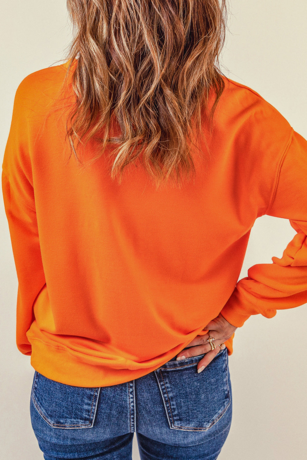 Orange Plain Crew Neck Pullover Sweatshirt