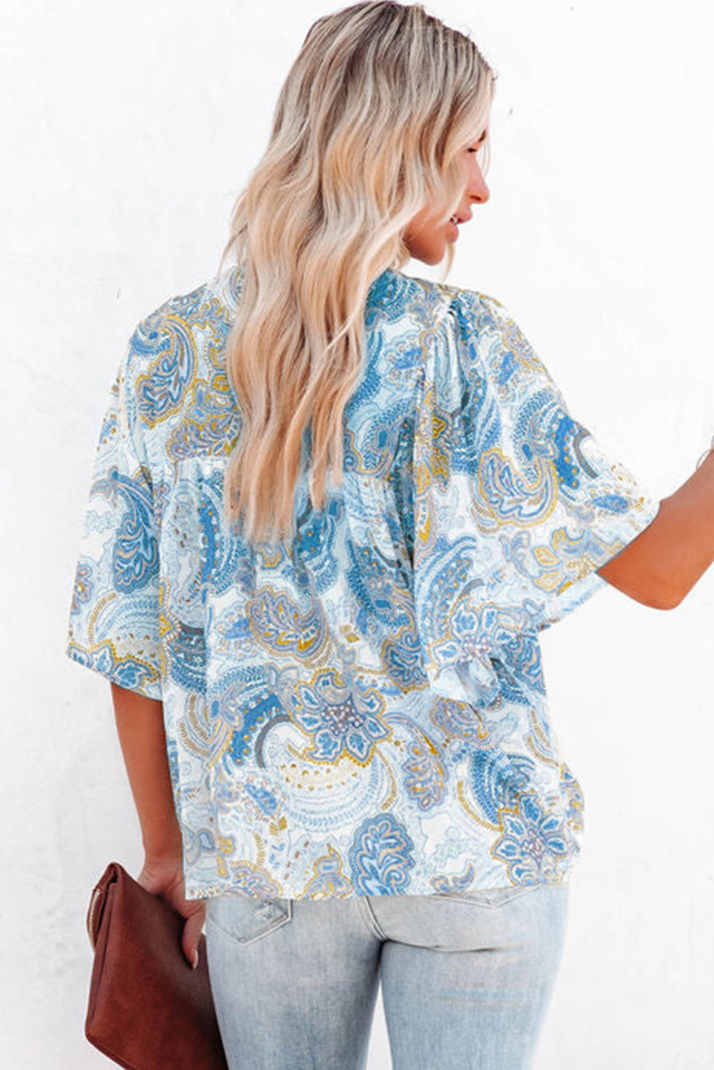 Sky Blue Paisley Print Wide Sleeves Loose Blouse