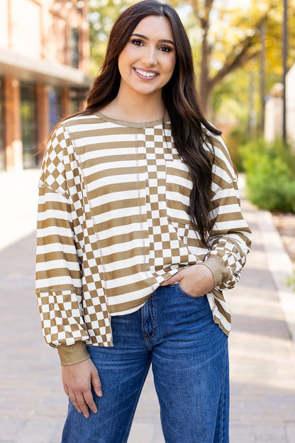 Khaki Checkerboard Striped Patchwork Lantern Sleeve Pocketed Blouse