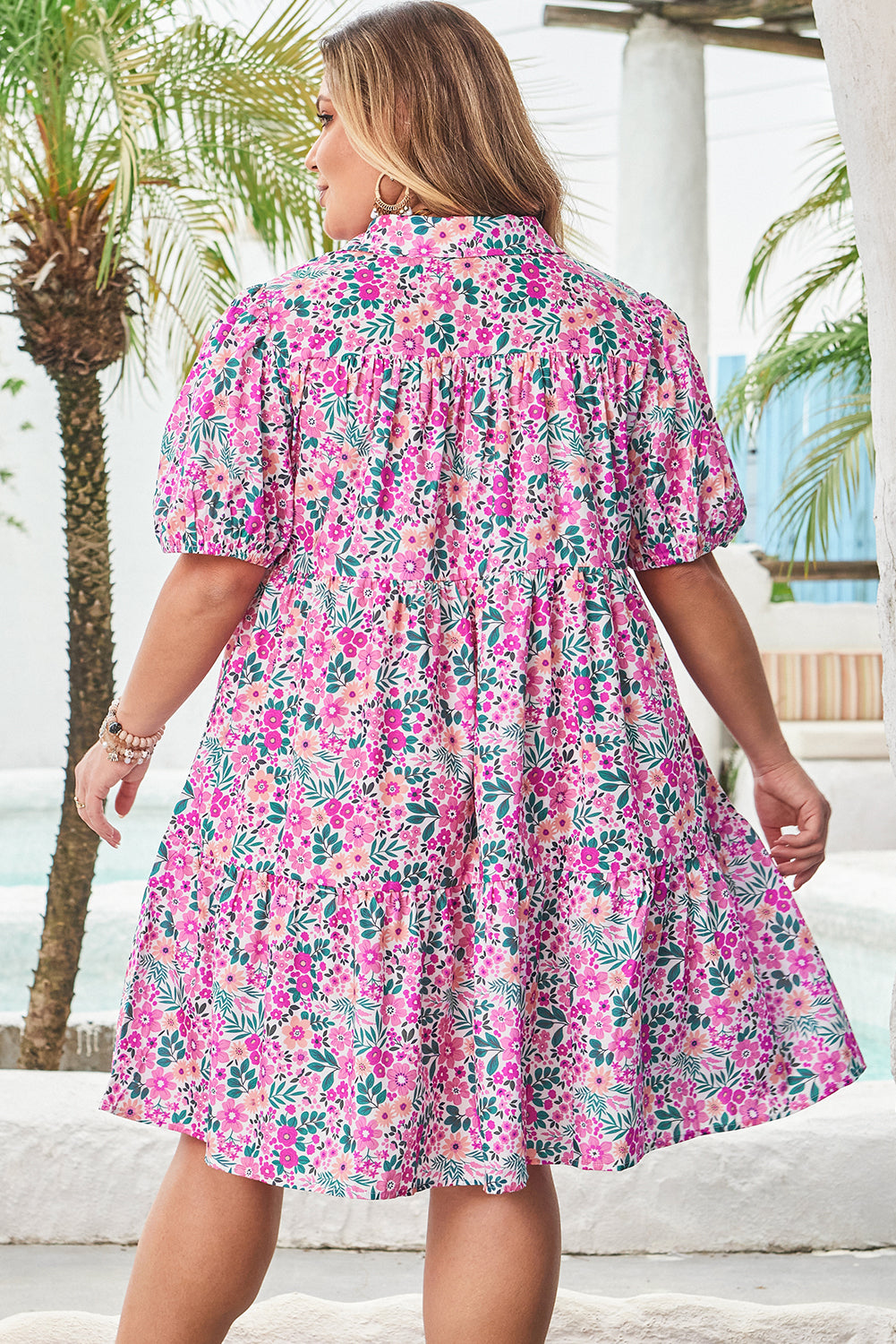 Plus size Pink Floral Dress - Easy fit A-line shirt dress for curvy women back view with summer background.