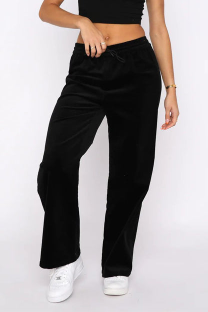 Black Solid Drawstring Waist Wide Leg Pants