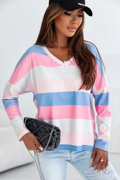 Pink Contrast Striped V Neck Long Sleeve Top